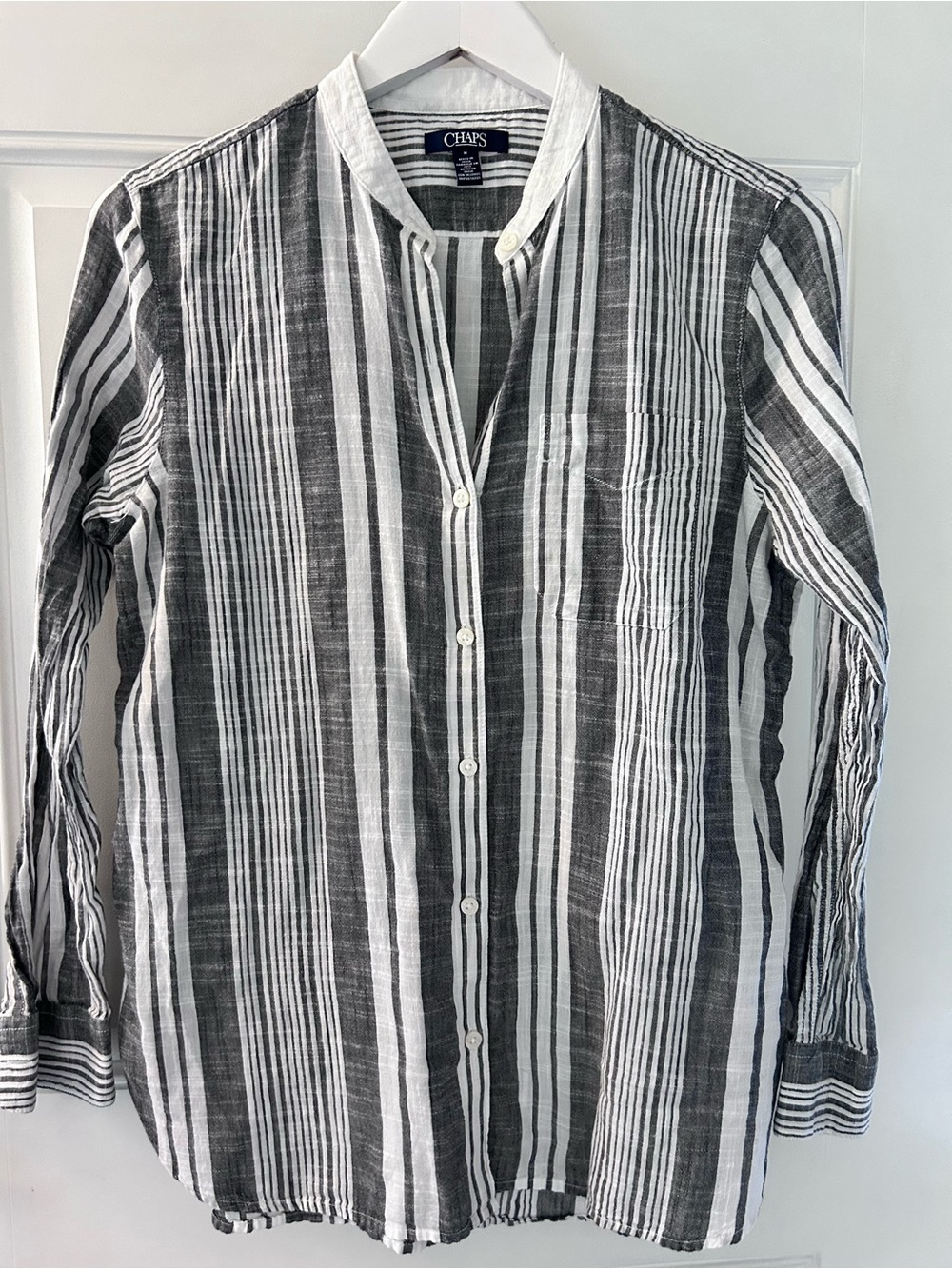 Chaps Womens Black & White Striped Button-Down Shirt